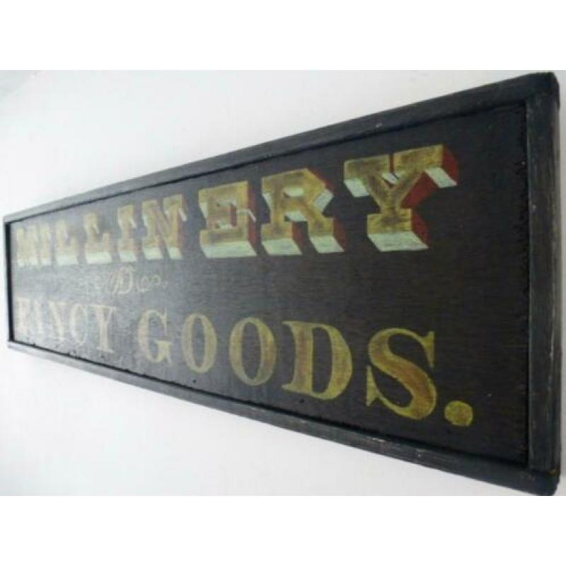 Antiek reclame bord/houten paneel/hoeden- modewinkel