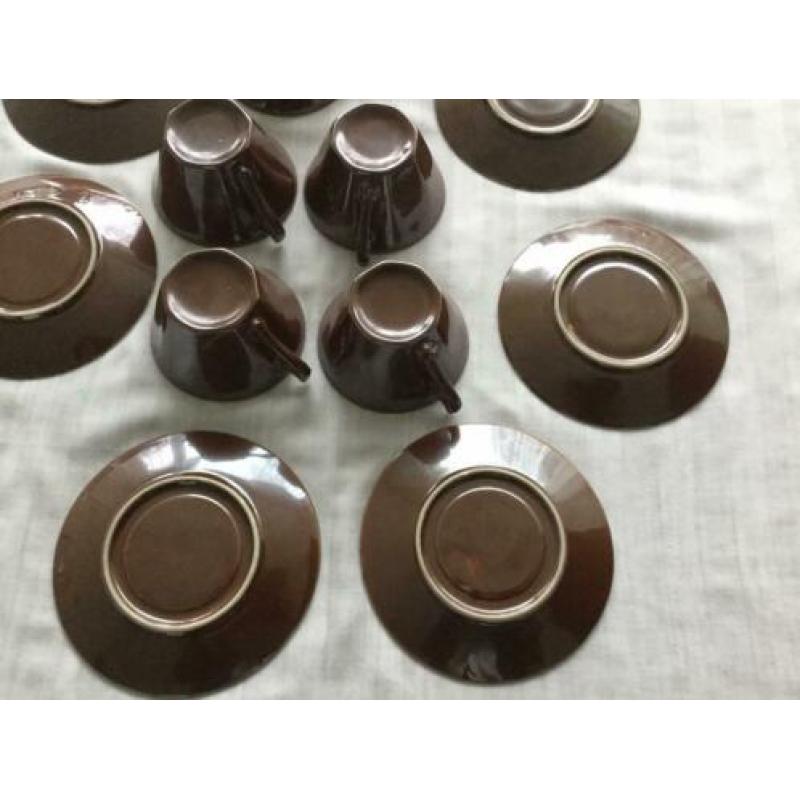 6 Antieke Chinoiserie Batavia Brown stijl kop en schotel vis