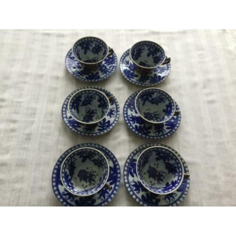 6 Antieke Chinoiserie Batavia Brown stijl kop en schotel vis