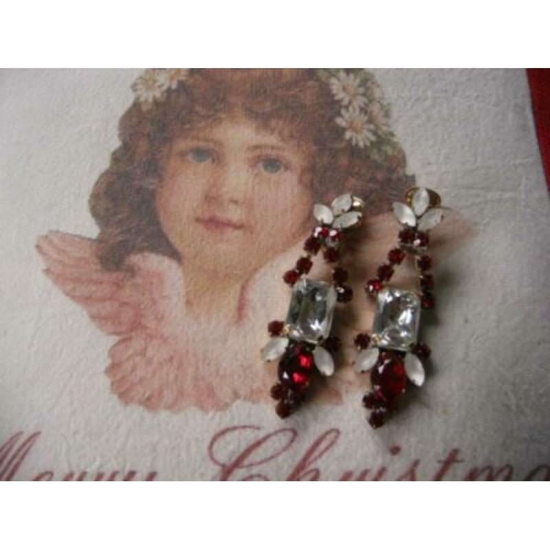 Vintage Oude Czech oorclips rood wit, handgemaakt.
