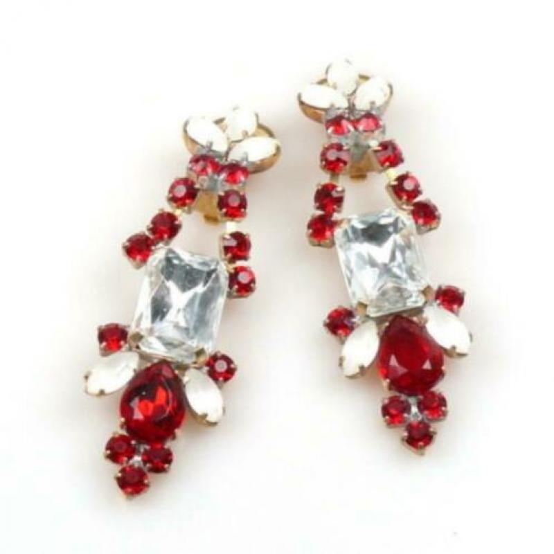 Vintage Oude Czech oorclips rood wit, handgemaakt.