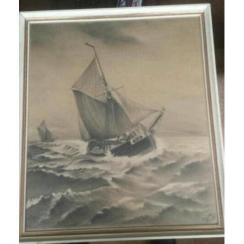 tekening zeilboten vissersschepen gesigneerd 1930 Van Zijll