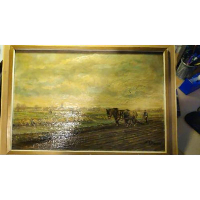 Schilderij landschap met paarden C.J. Eekman