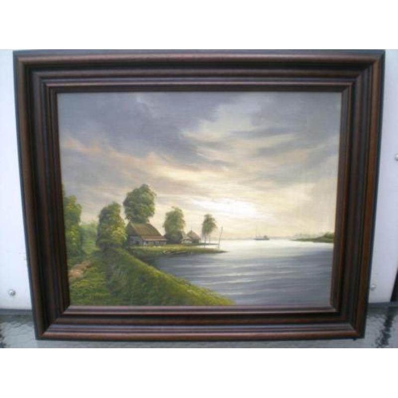 Boerderij aan het water gesigneerd J.Kok