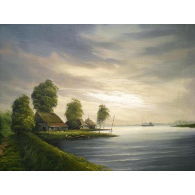 Boerderij aan het water gesigneerd J.Kok