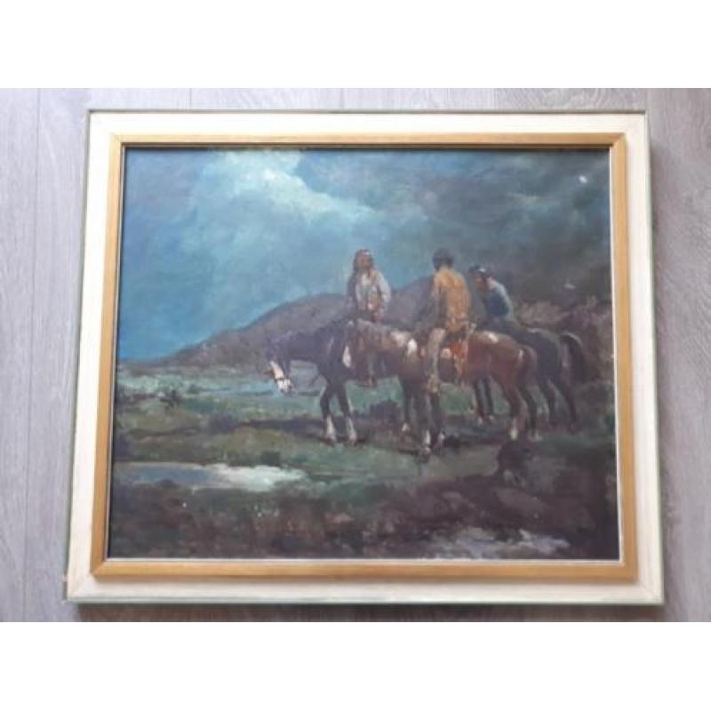 Jaren 50 60 olieverf schilderij western Indianen op paarden